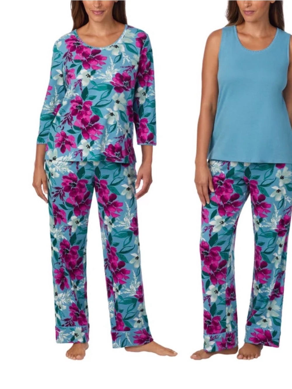 Carole Hochman Aqua Floral 3 Piece Pajama Set NWT Size S